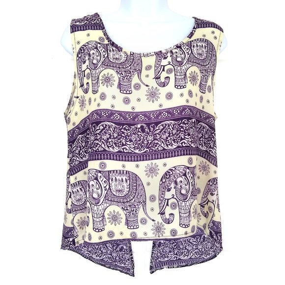 Elephant Boho Cropped Tank Top Purple Yellow Thailand Open Back M 100% Cotton - Picture 4 of 10